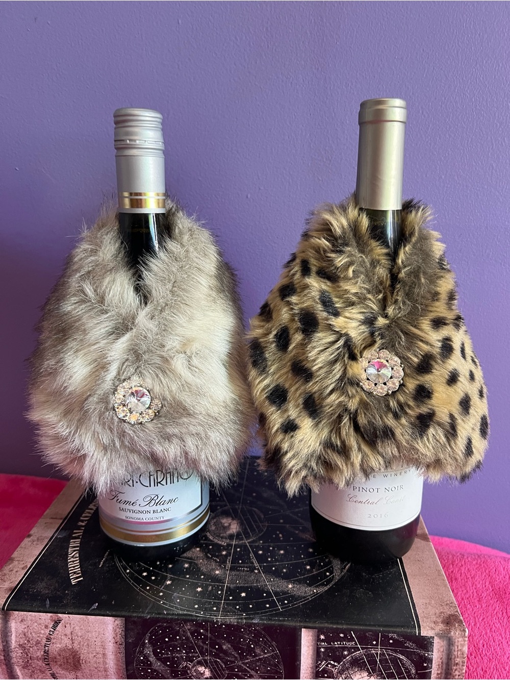 (2) Faux Fur Wine Bottle Cozy with Crystal Brooch - Leopard and Gray